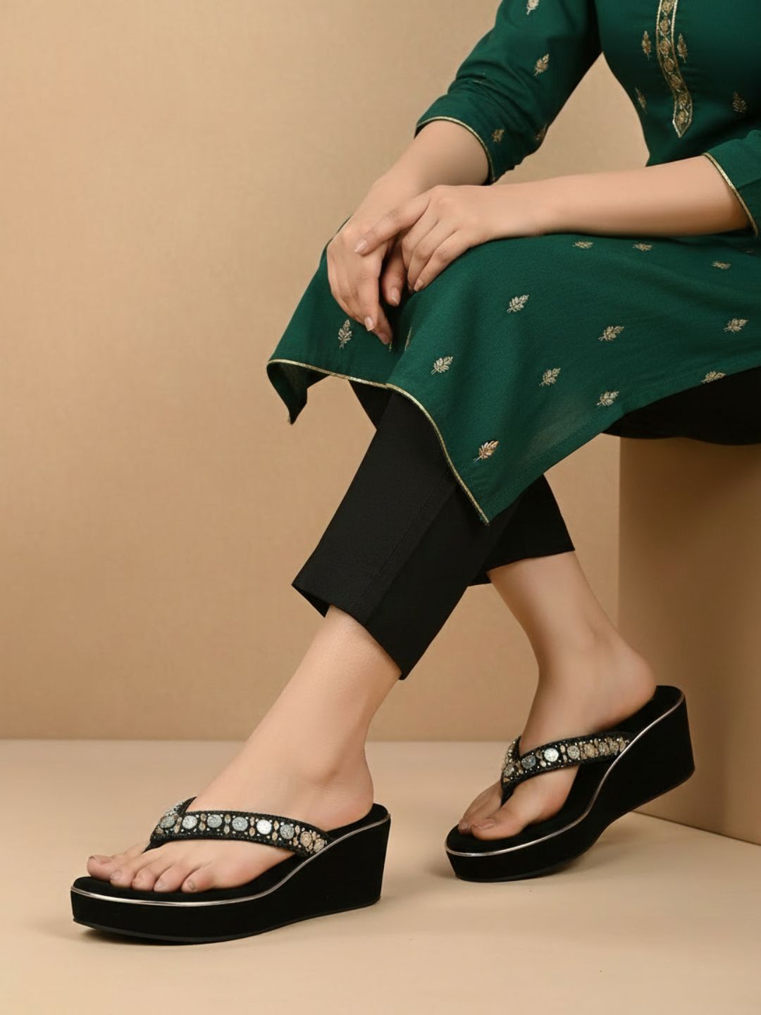 Womens Black Ethnic Embellished Round Toe Wedge Heels