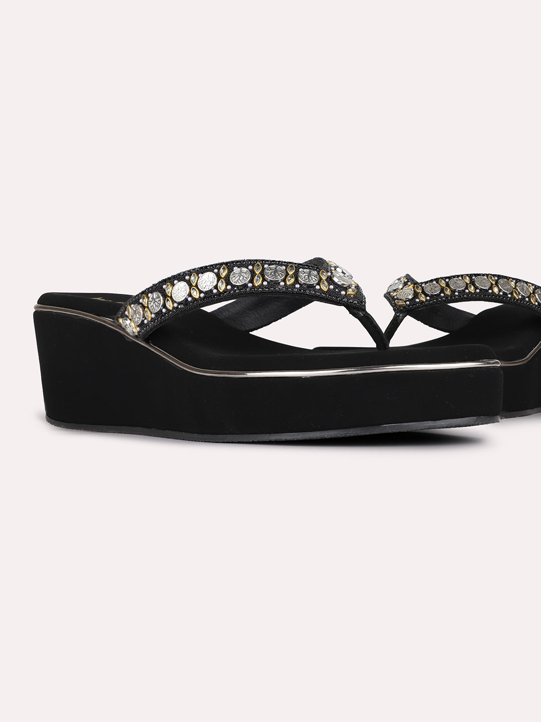 Womens Black Ethnic Embellished Round Toe Wedge Heels