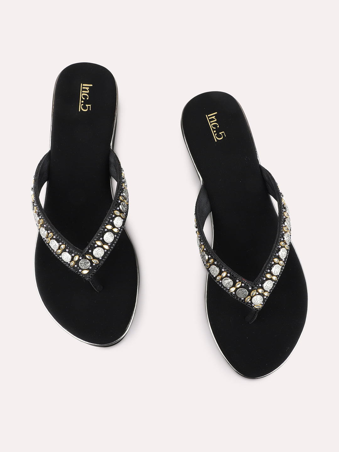 Womens Black Ethnic Embellished Round Toe Wedge Heels