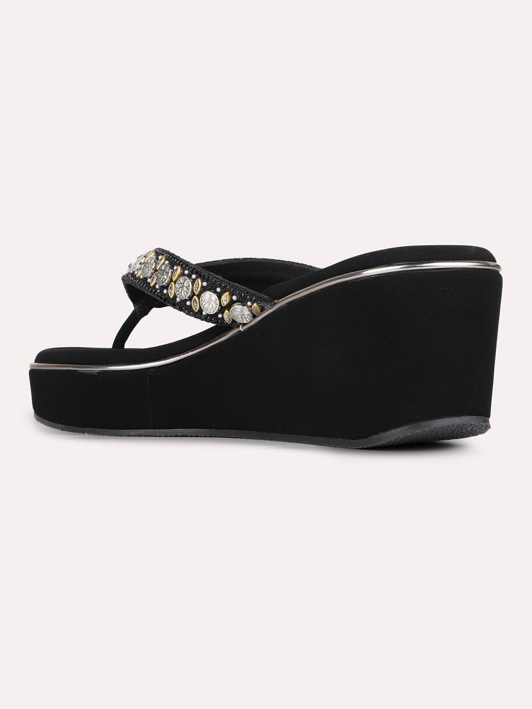 Womens Black Ethnic Embellished Round Toe Wedge Heels