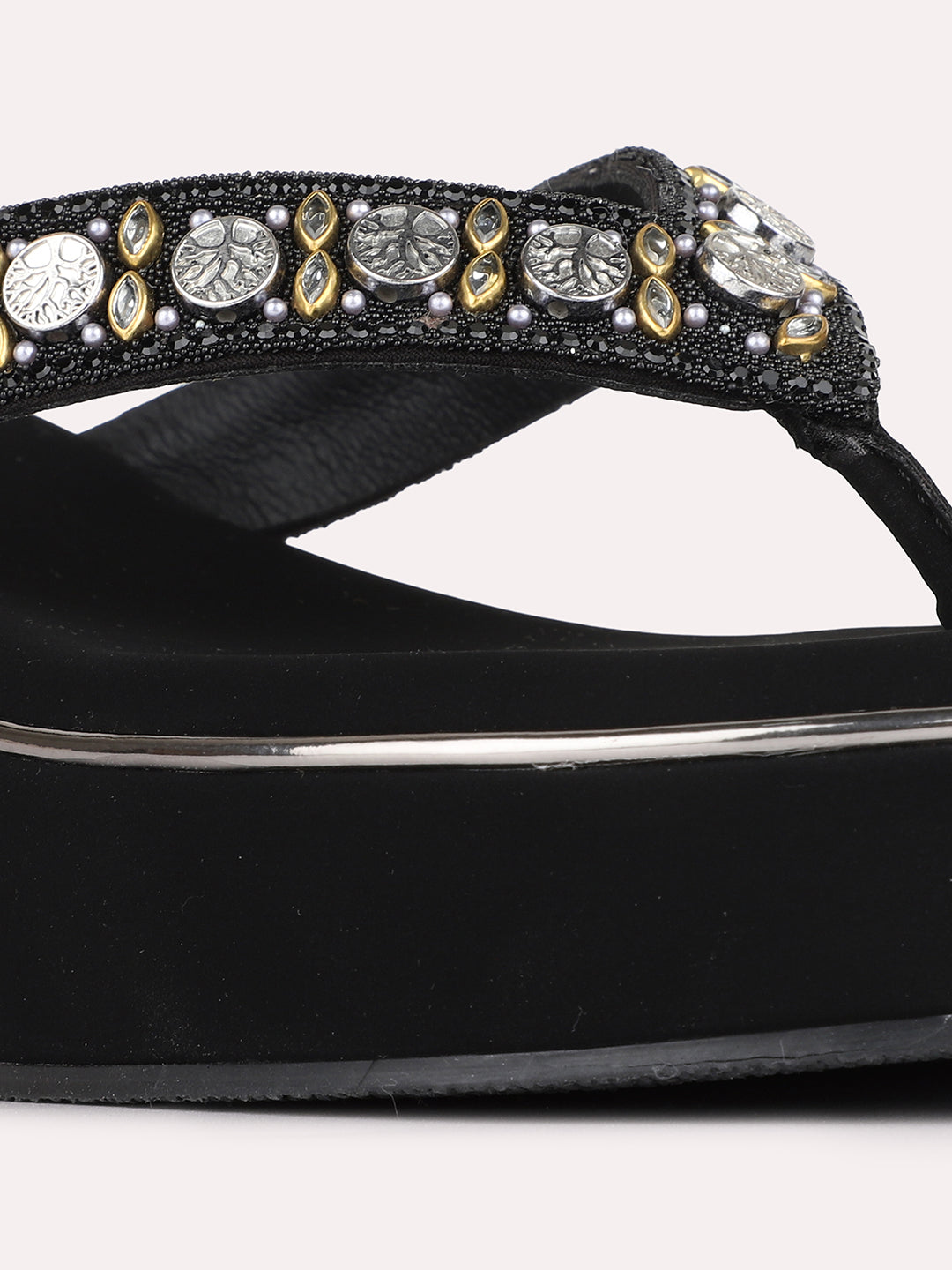 Womens Black Ethnic Embellished Round Toe Wedge Heels