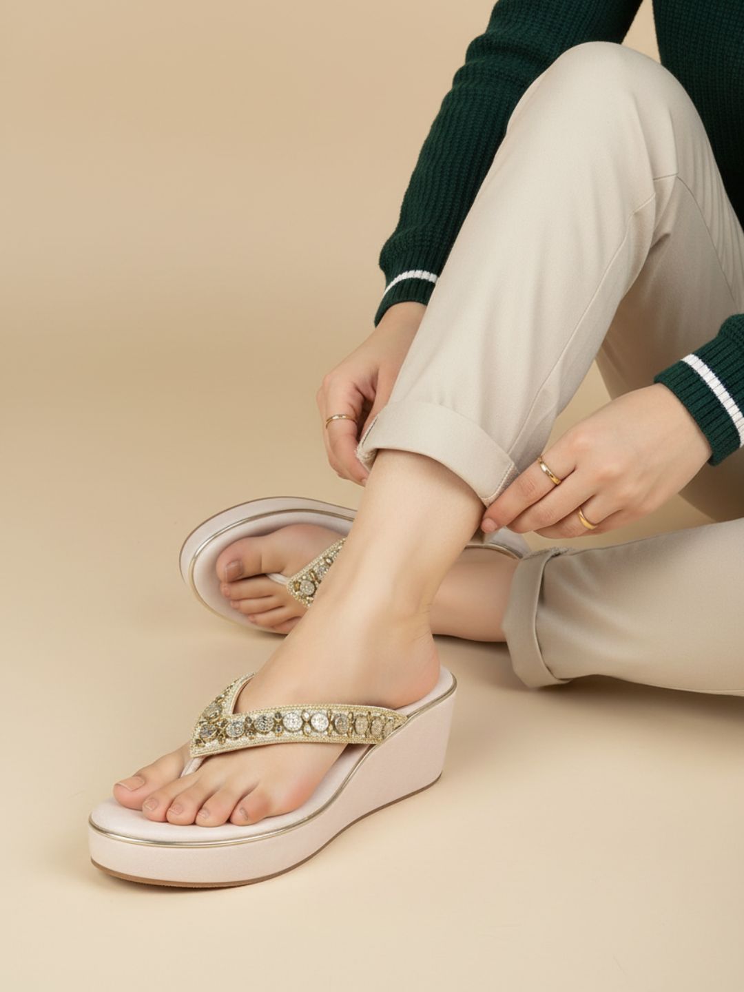 Womens Cream Ethnic Embellished Round Toe Wedge Heels