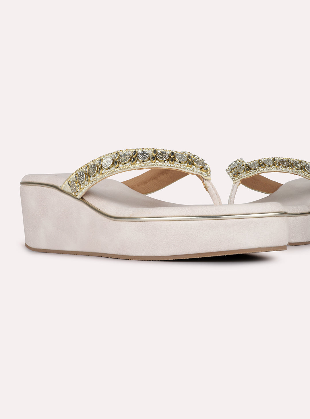 Womens Cream Ethnic Embellished Round Toe Wedge Heels