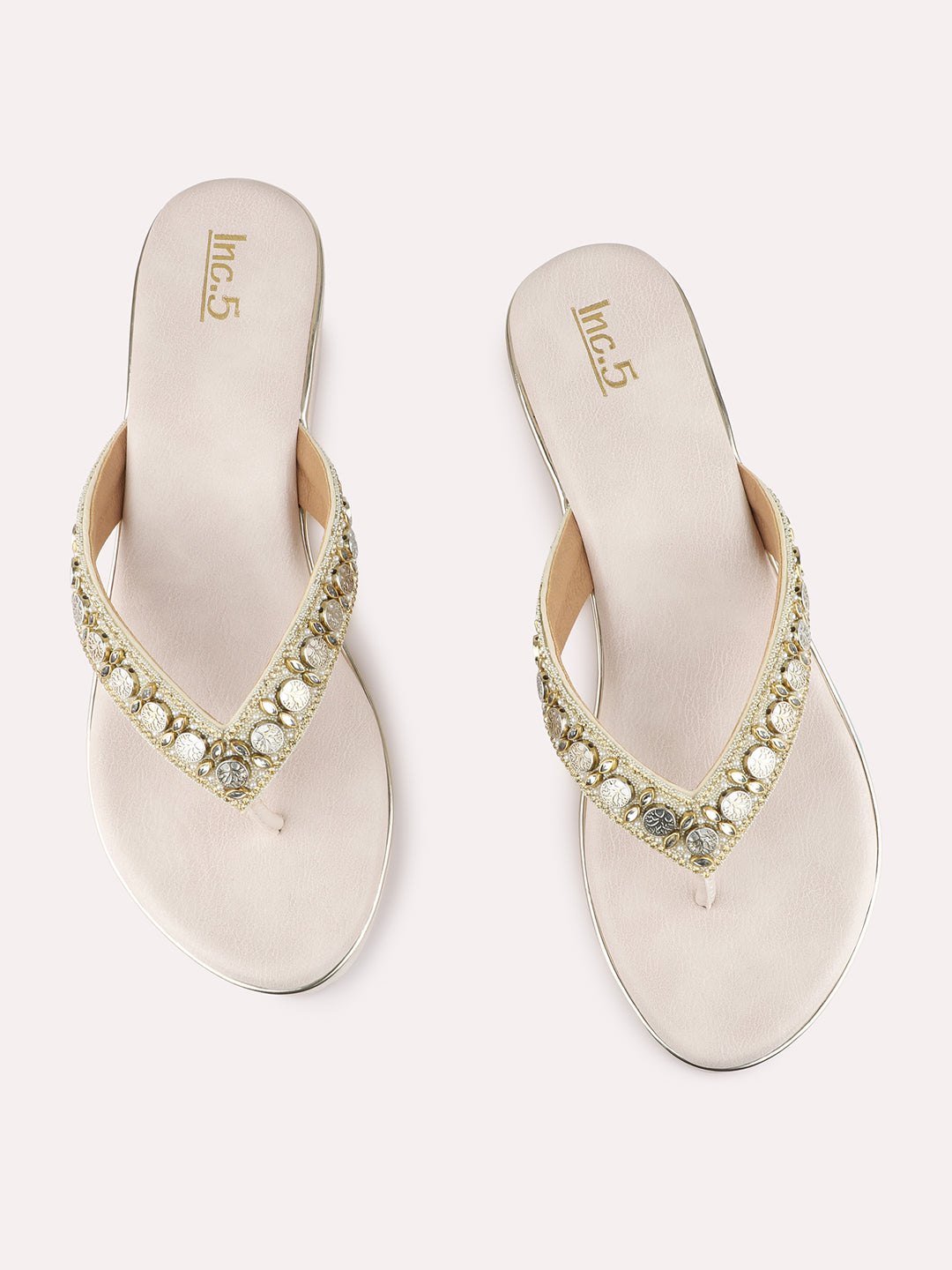 Womens Cream Ethnic Embellished Round Toe Wedge Heels