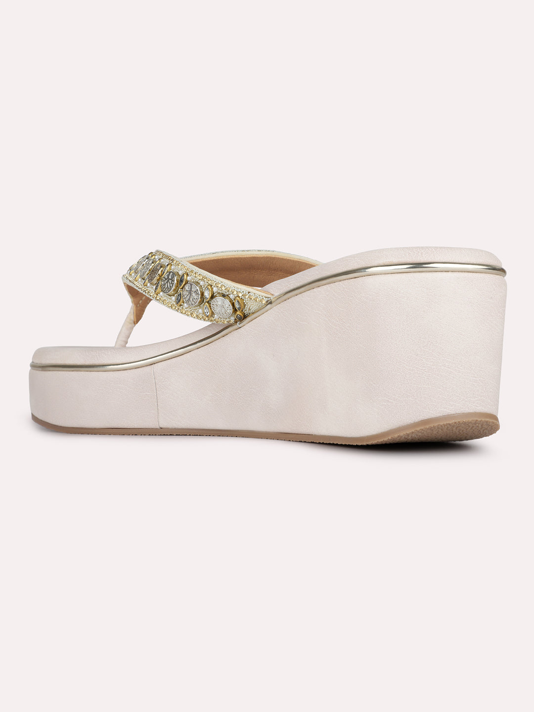 Womens Cream Ethnic Embellished Round Toe Wedge Heels