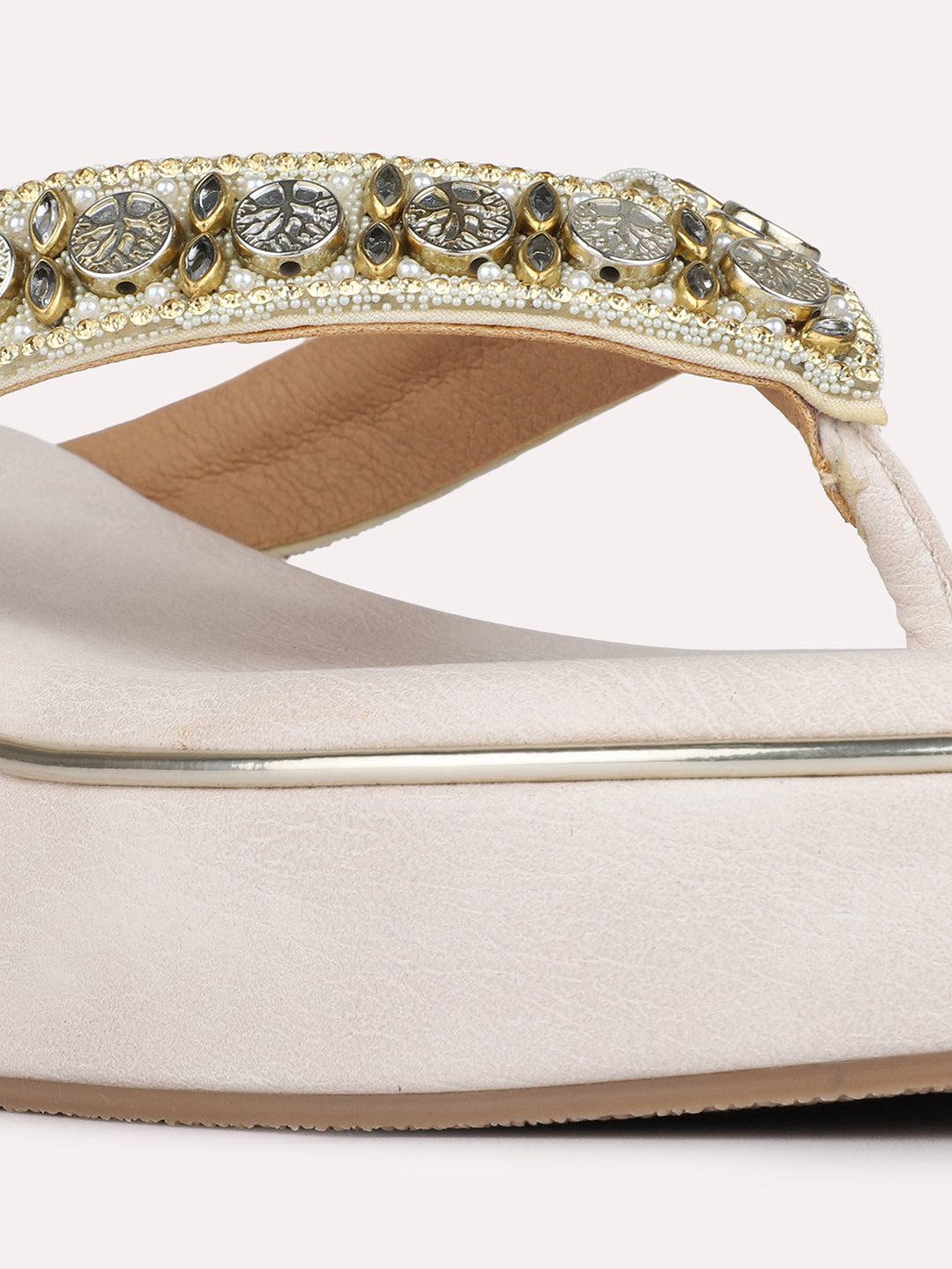 Womens Cream Ethnic Embellished Round Toe Wedge Heels