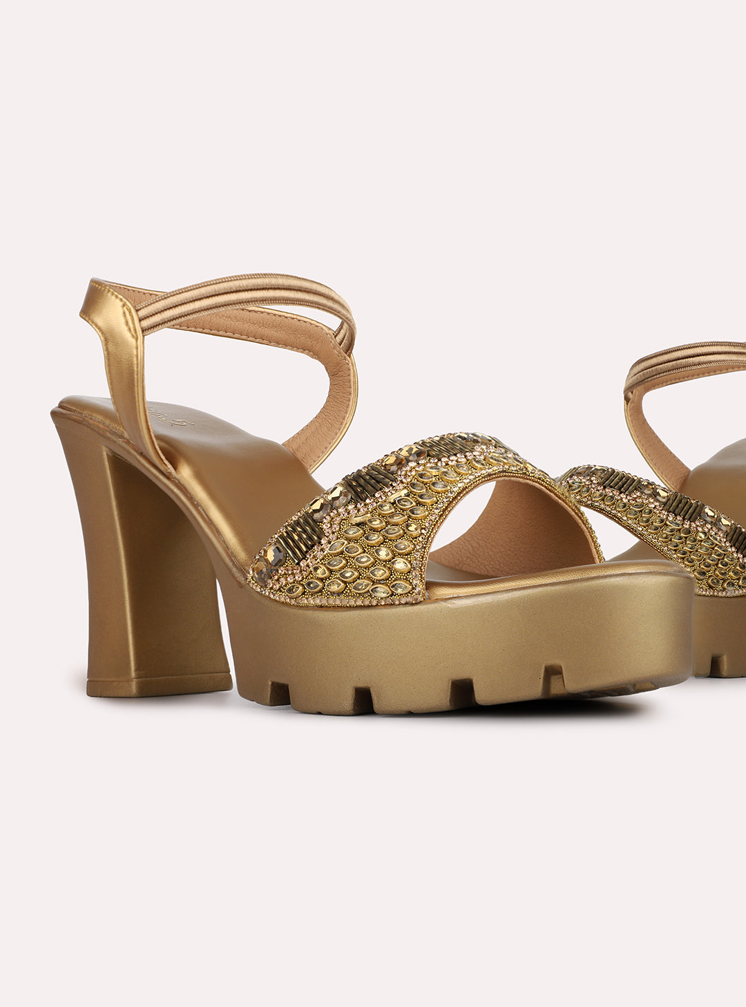 Womens Golden Embellished Pattern Ethnic Round Toe Shape Platform Heels