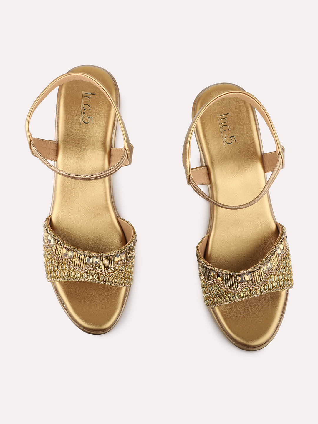 Womens Golden Embellished Pattern Ethnic Round Toe Shape Platform Heels