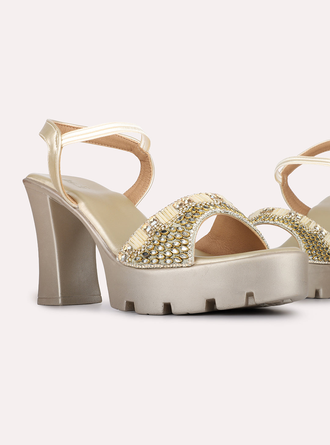 Womens Golden Party Wear Embellished Pattern Round Toe Platform Heels