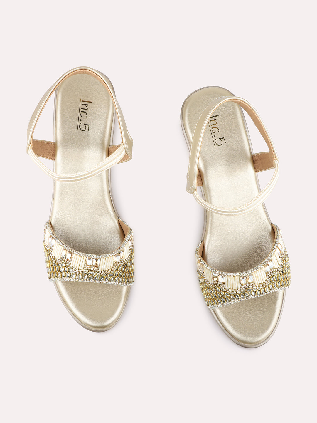 Womens Golden Party Wear Embellished Pattern Round Toe Platform Heels