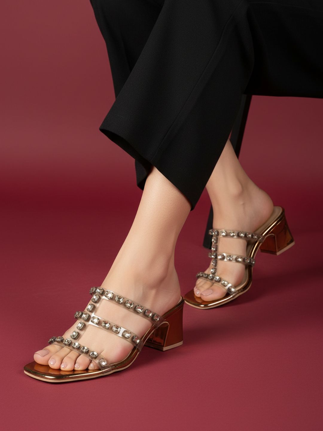 Womens Golden Ethnic Embellished Pattern Square Toe Block Heels