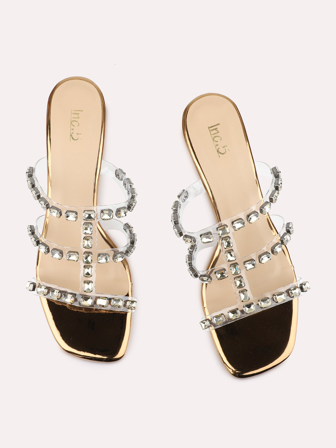 Womens Golden Ethnic Embellished Pattern Square Toe Block Heels