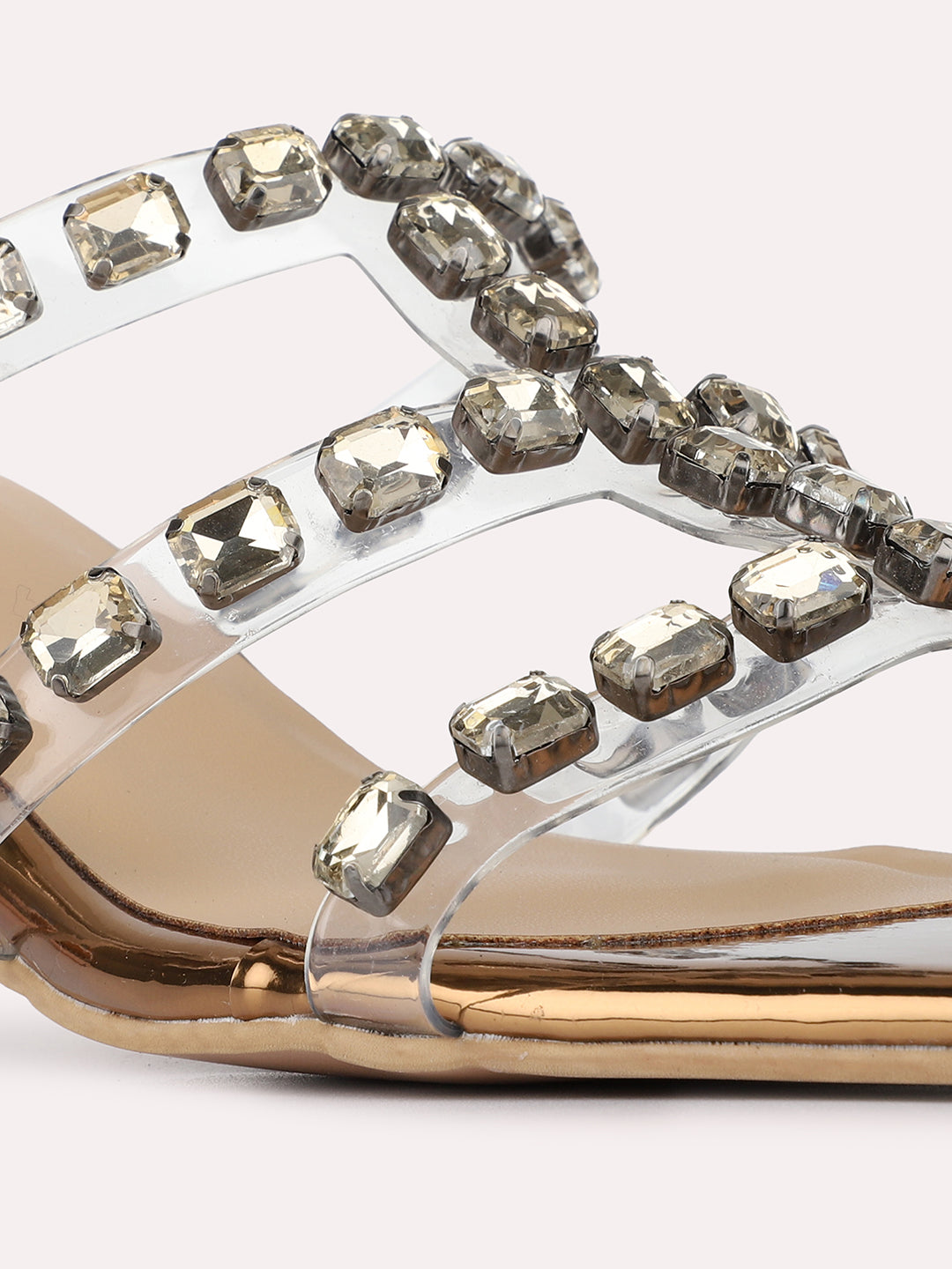 Womens Golden Ethnic Embellished Pattern Square Toe Block Heels
