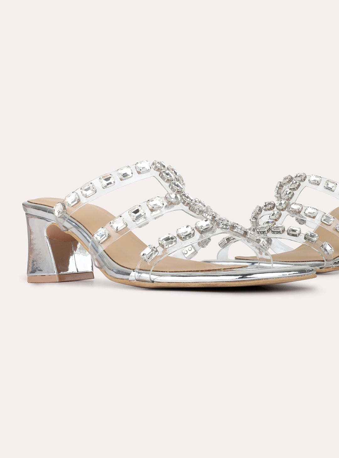 Womens Silver Ethnic Embellished Pattern Square Toe Block Heels