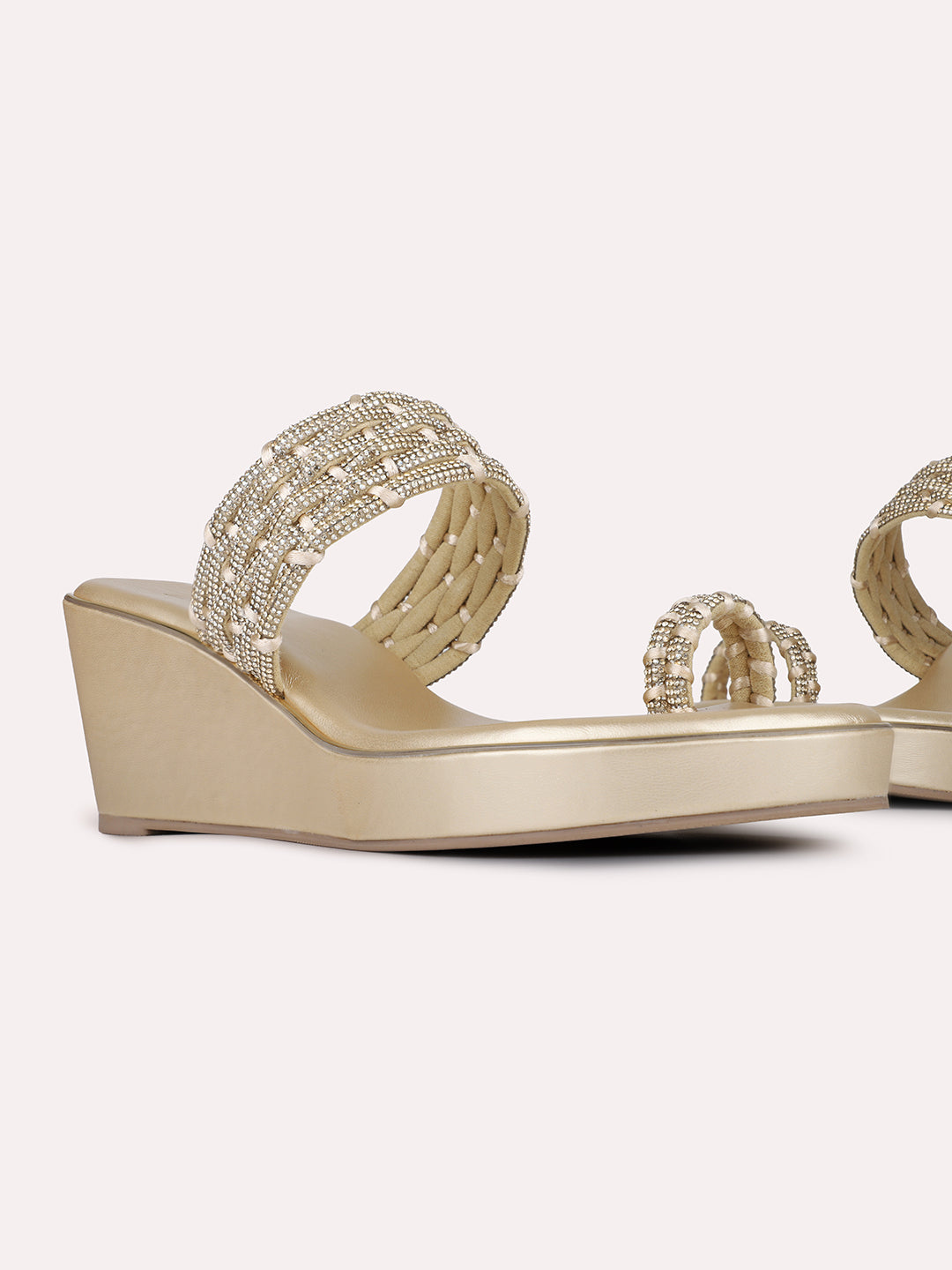 Womens Golden Party Wear Embellished Round Toe Wedge Heels