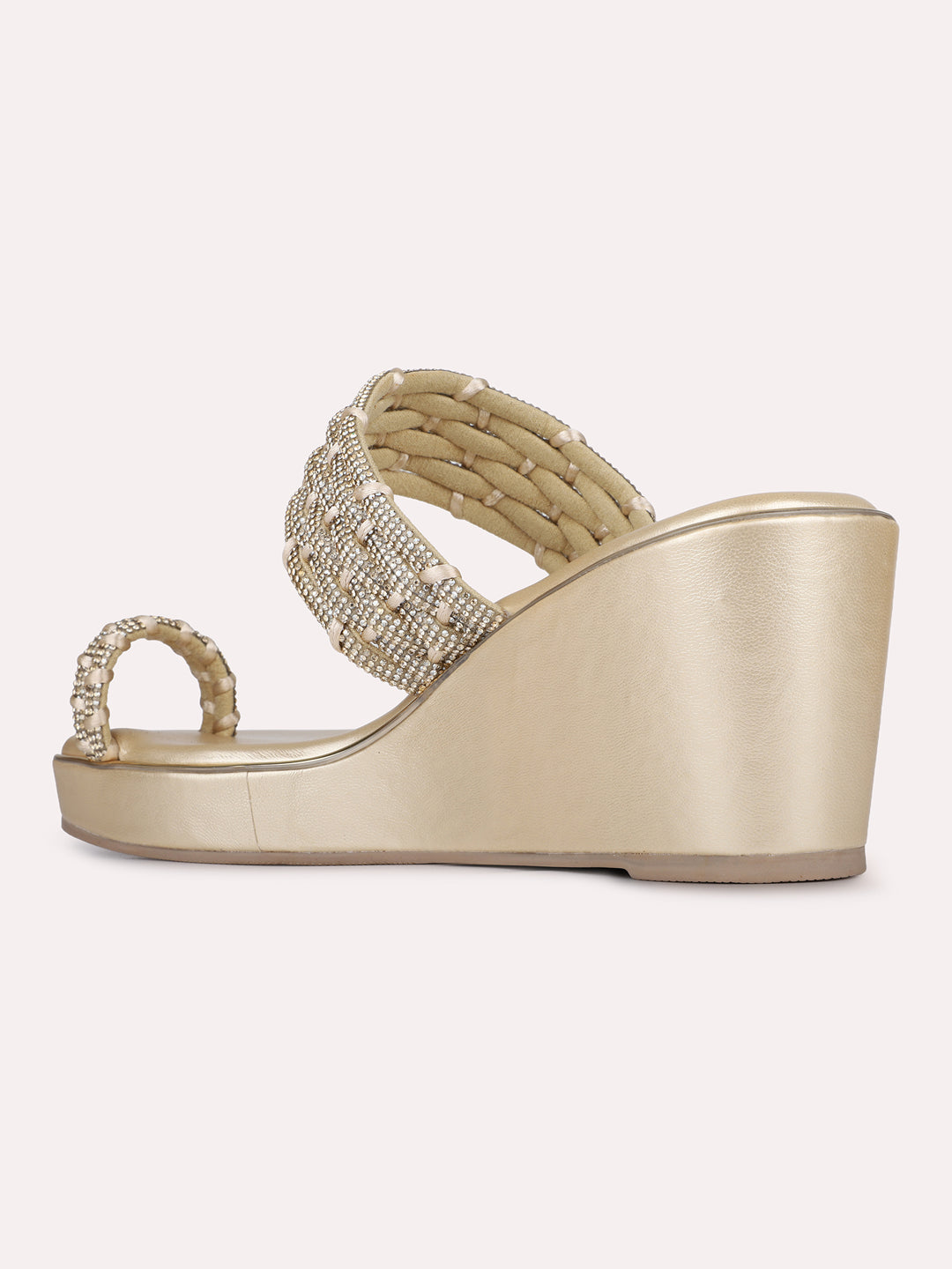 Womens Golden Party Wear Embellished Round Toe Wedge Heels
