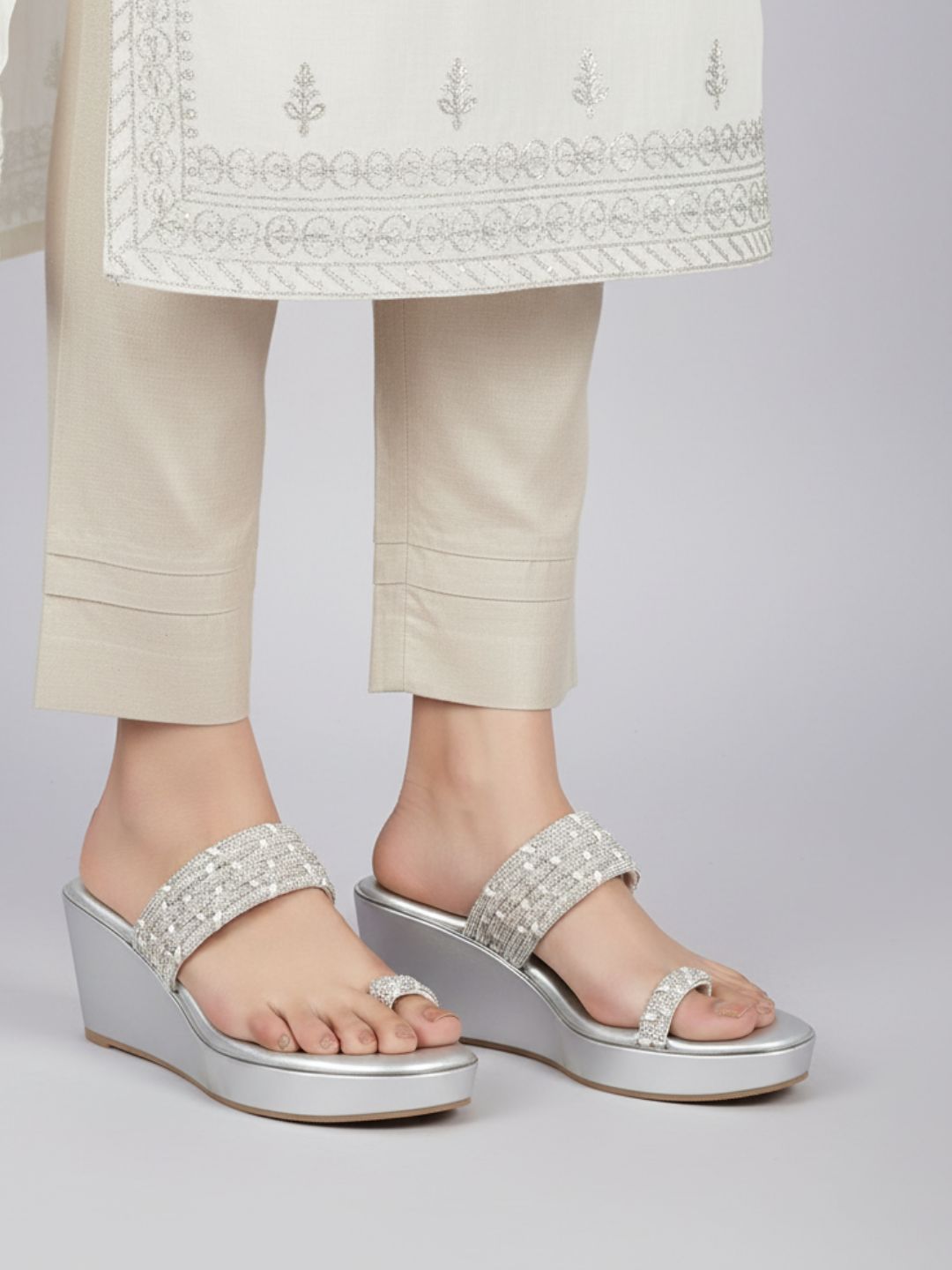 Womens Silver Ethnic Embellished Round Toe Wedge Heels