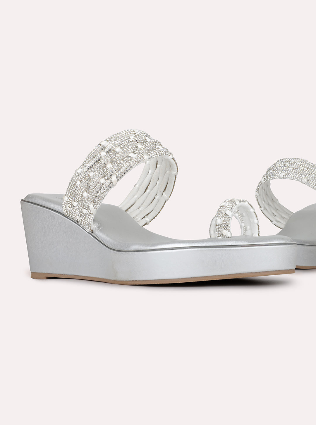 Womens Silver Ethnic Embellished Round Toe Wedge Heels