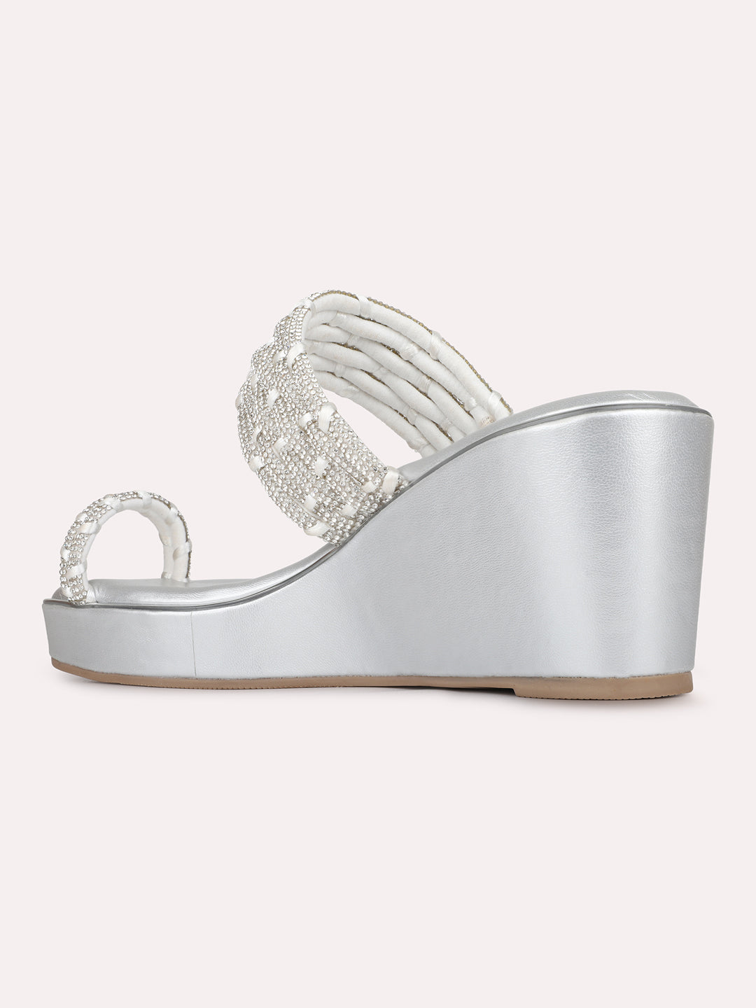 Womens Silver Ethnic Embellished Round Toe Wedge Heels