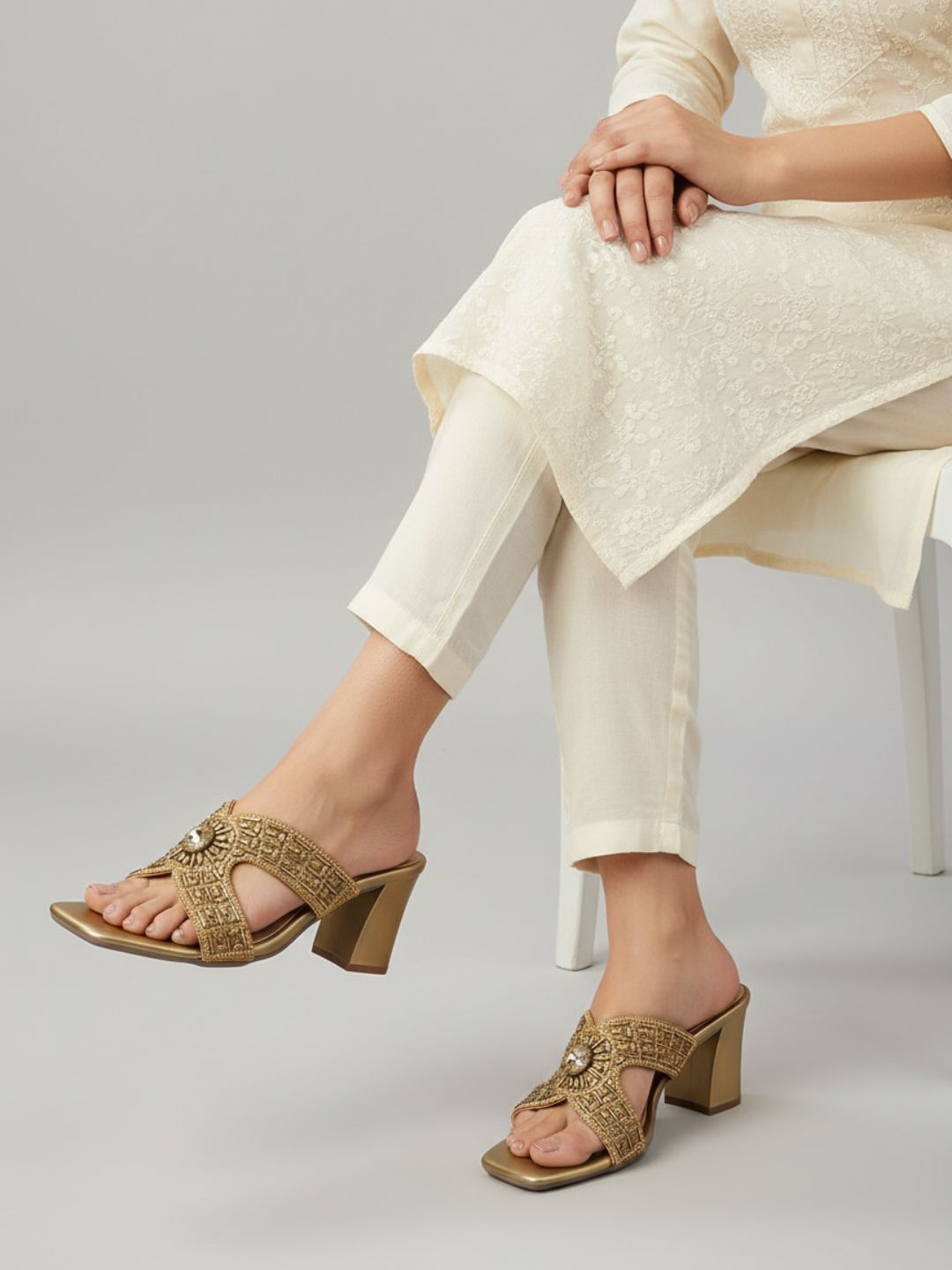 Womens Golden Ethnic Embellished Square Toe Block Heels