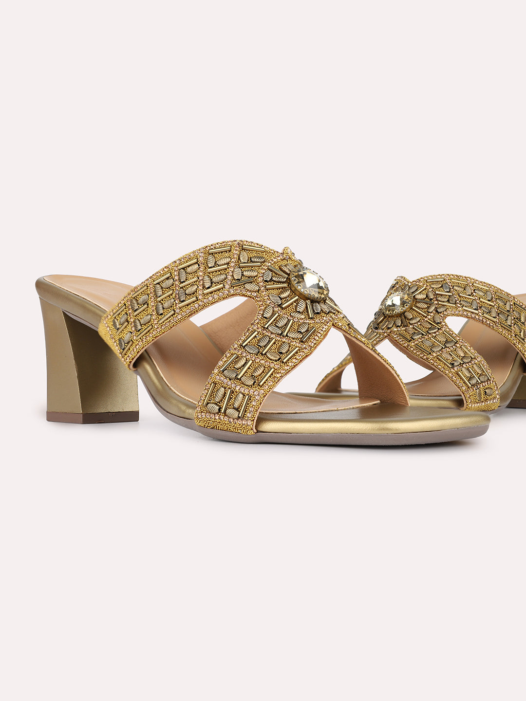 Womens Golden Ethnic Embellished Square Toe Block Heels