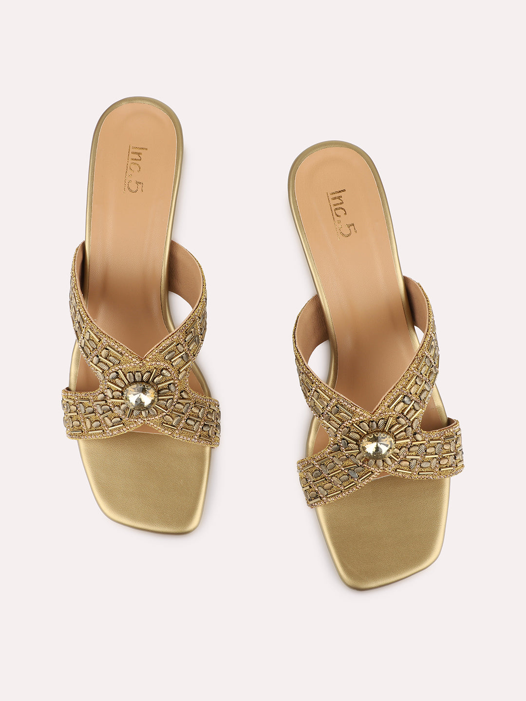 Womens Golden Ethnic Embellished Square Toe Block Heels