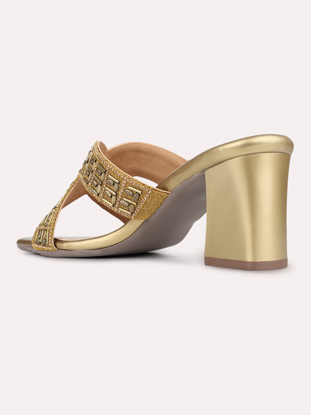 Womens Golden Ethnic Embellished Square Toe Block Heels