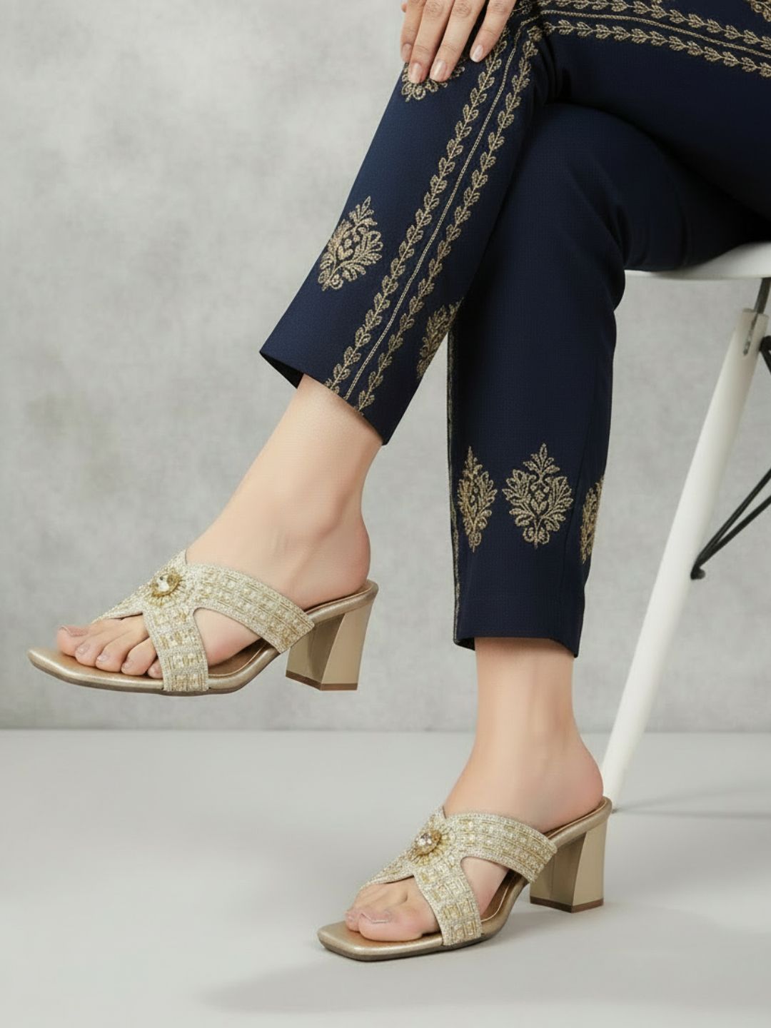 Womens Golden Embellished Pattern Ethnic Square Toe Block Heels