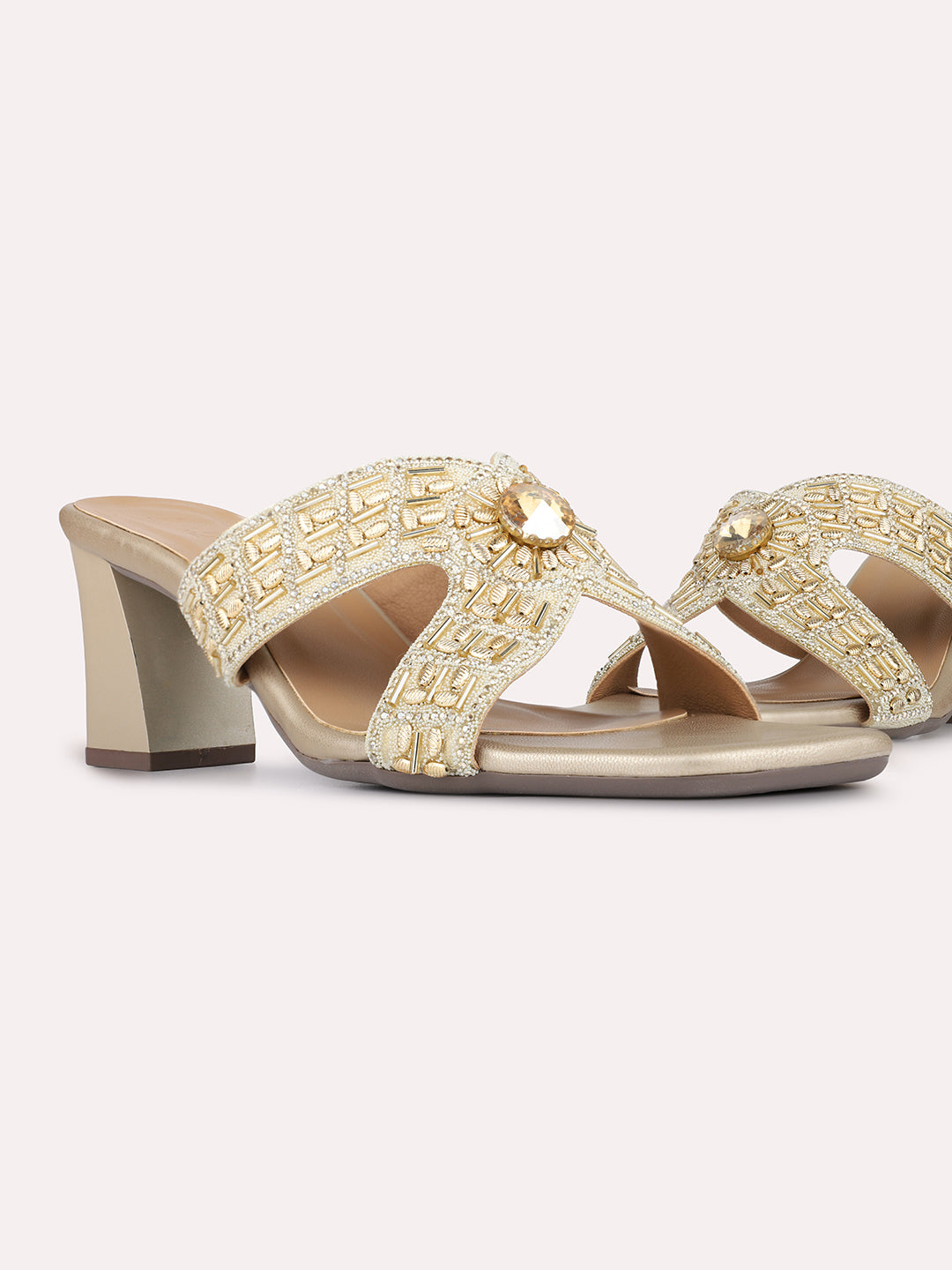Womens Golden Embellished Pattern Ethnic Square Toe Block Heels