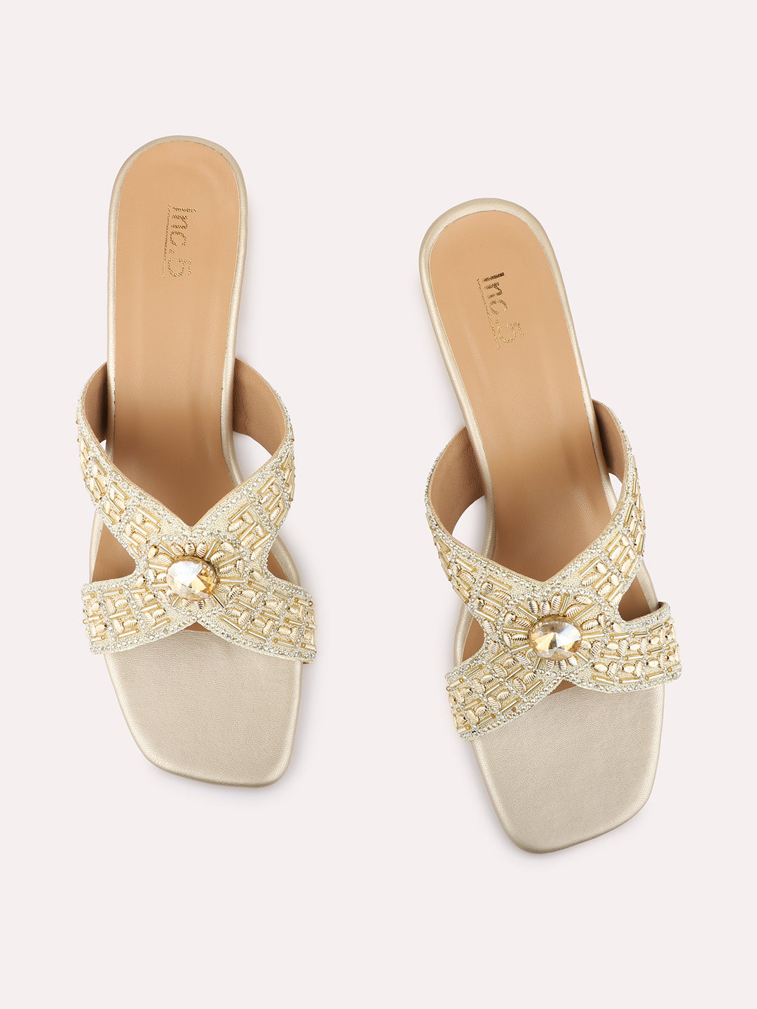 Womens Golden Embellished Pattern Ethnic Square Toe Block Heels