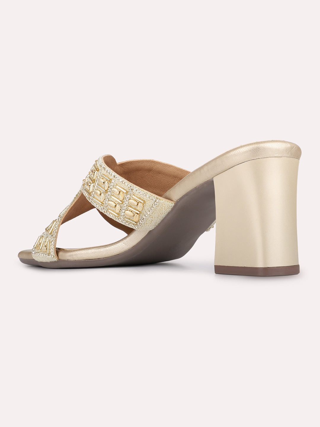 Womens Golden Embellished Pattern Ethnic Square Toe Block Heels