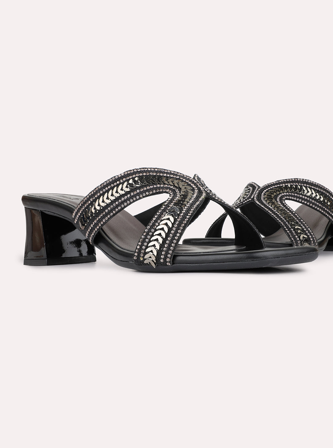 Womens Black Party Wear Embellished Square Toe Block Heels