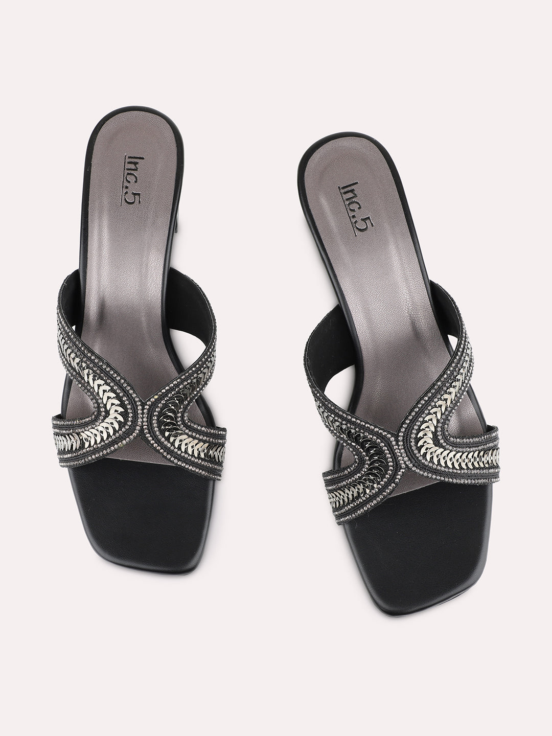 Womens Black Party Wear Embellished Square Toe Block Heels
