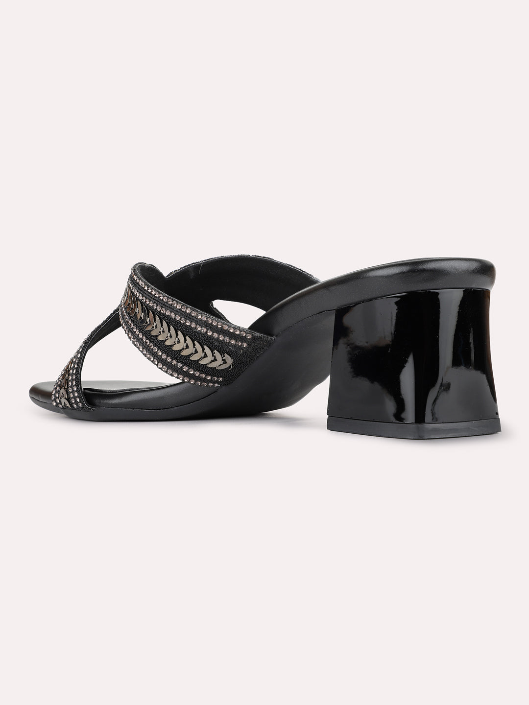 Womens Black Party Wear Embellished Square Toe Block Heels