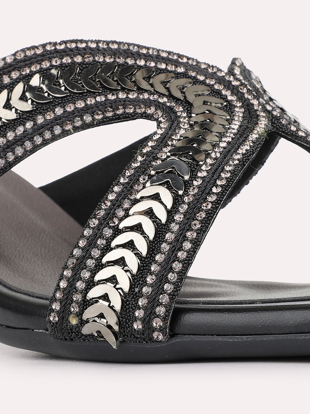 Womens Black Party Wear Embellished Square Toe Block Heels