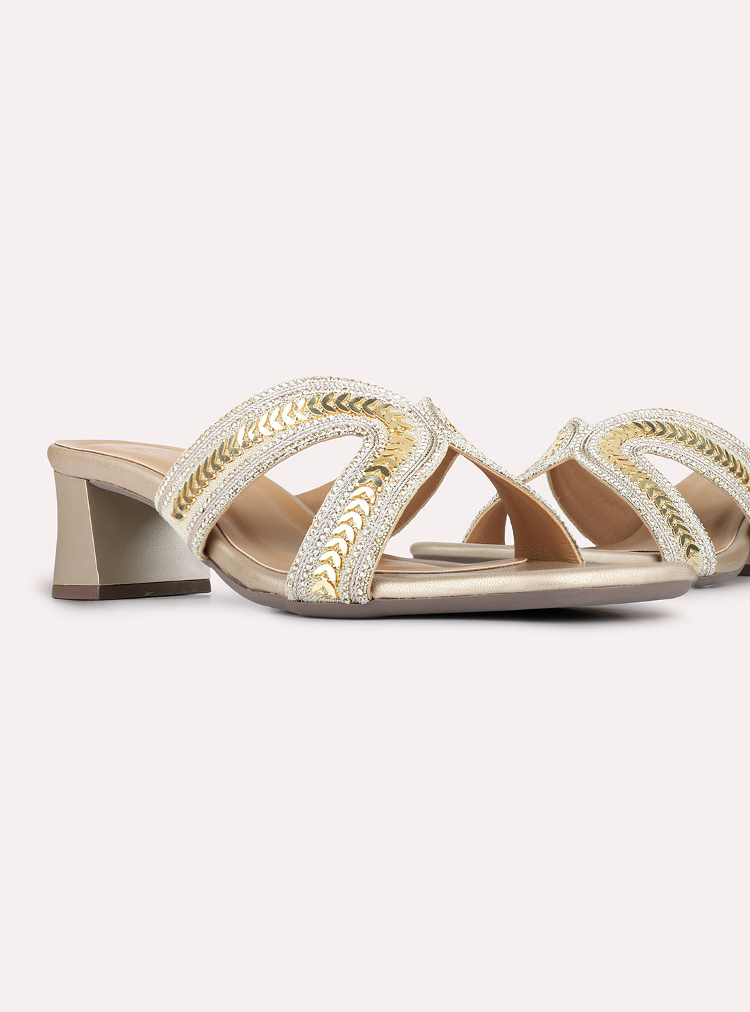 Womens Golden Party Wear Embellished Square Toe Block Heels