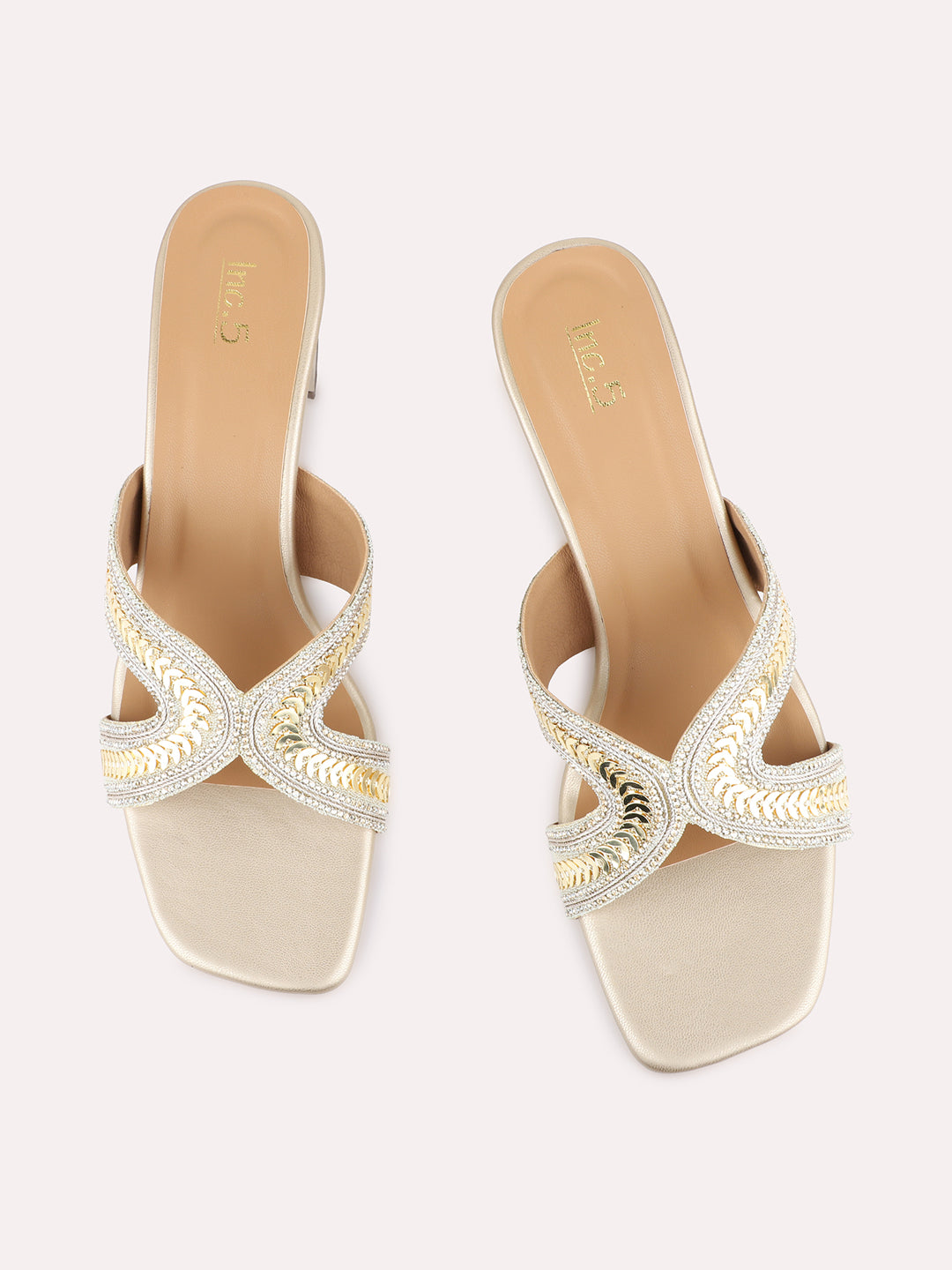 Womens Golden Party Wear Embellished Square Toe Block Heels