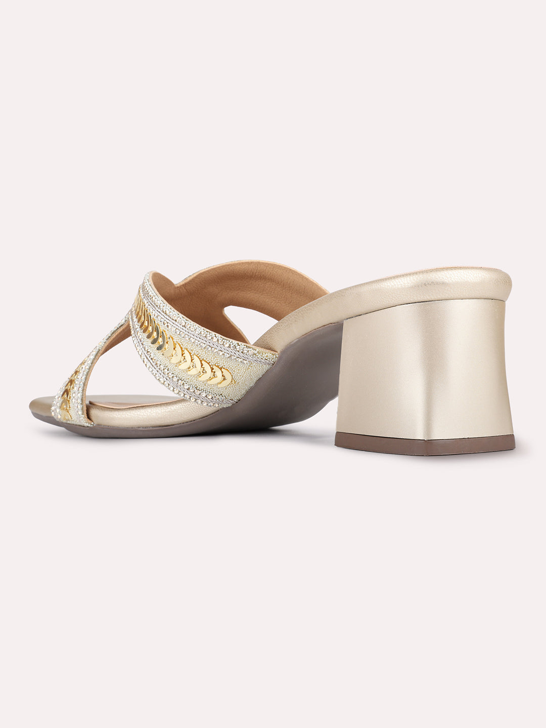 Womens Golden Party Wear Embellished Square Toe Block Heels
