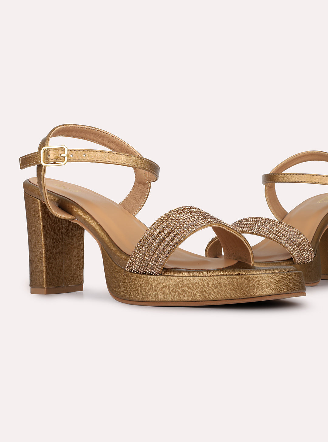Womens Golden Party Wear Embellished Pattern Round Toe Shape Platform Heels