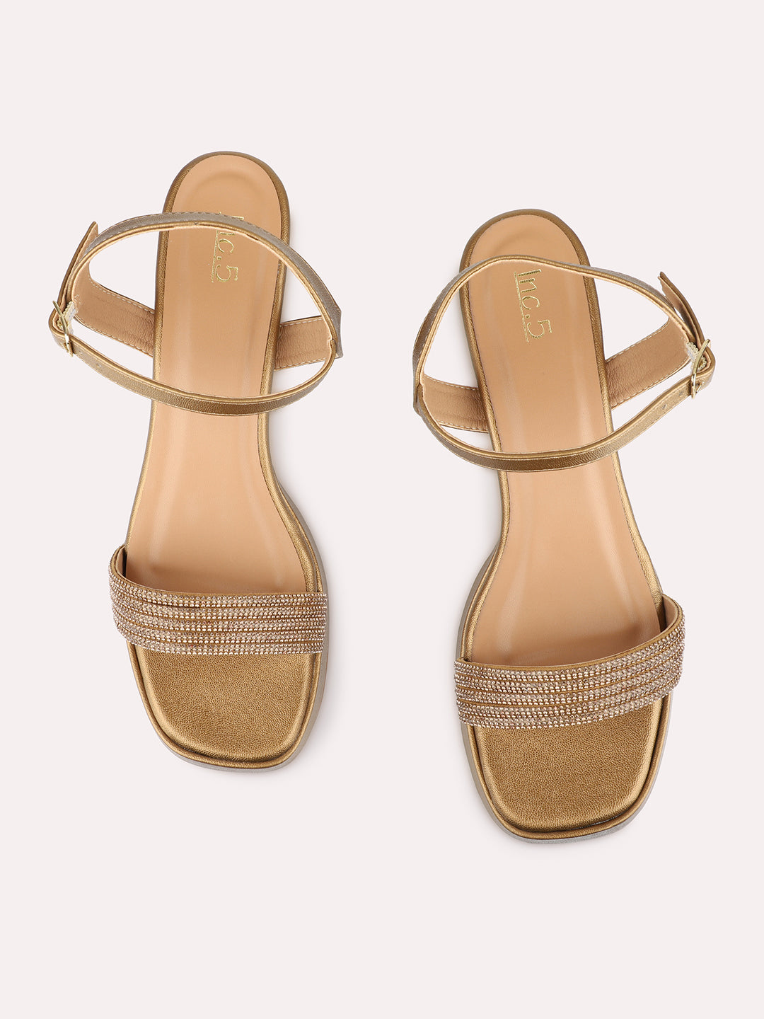 Womens Golden Party Wear Embellished Pattern Round Toe Shape Platform Heels
