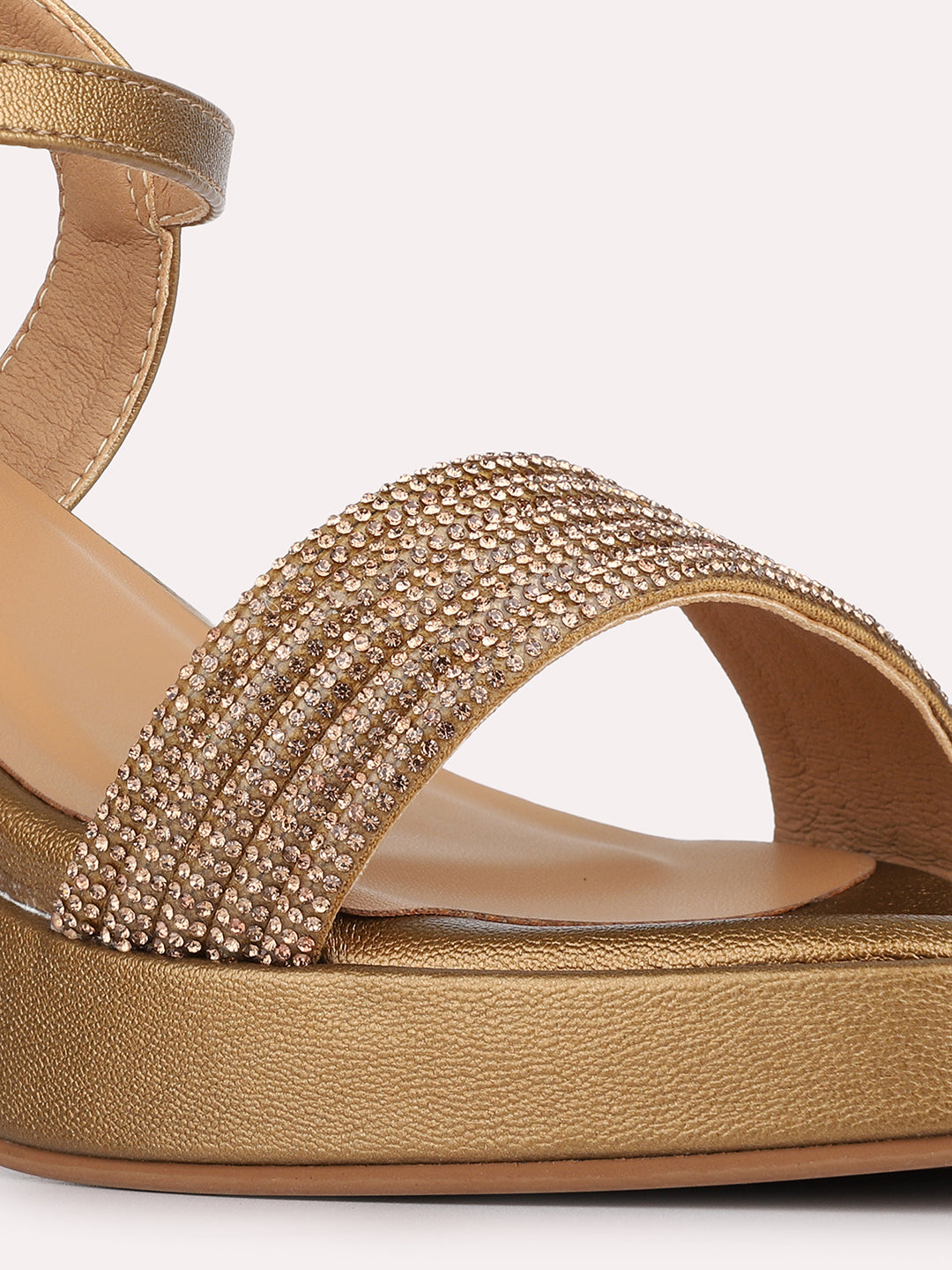 Womens Golden Party Wear Embellished Pattern Round Toe Shape Platform Heels