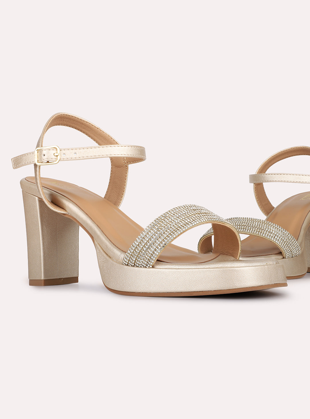 Womens Golden Party Wear Embellished Round Toe Platform Heels