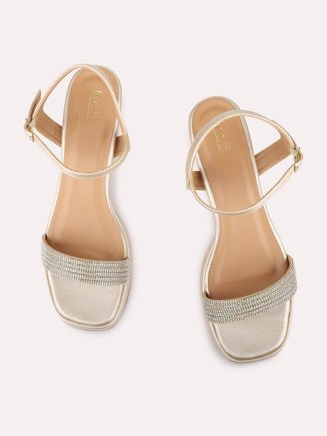 Womens Golden Party Wear Embellished Round Toe Platform Heels