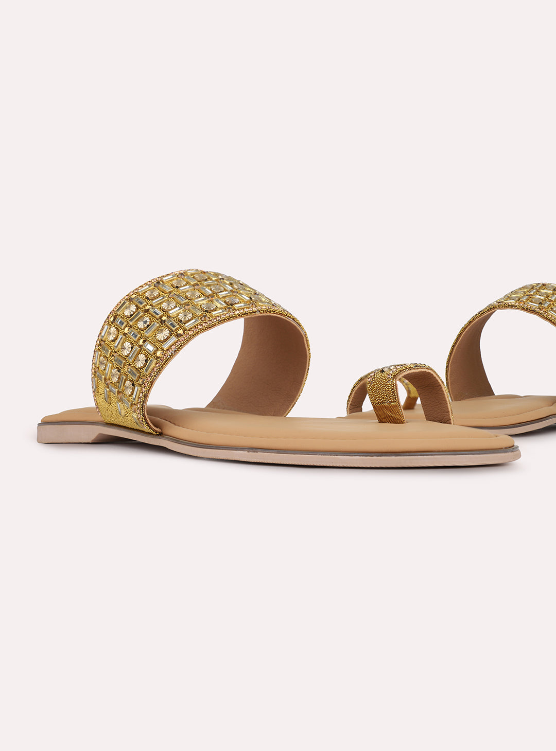 Womens Golden Ethnic Embellished One Toe Slip-On Flats
