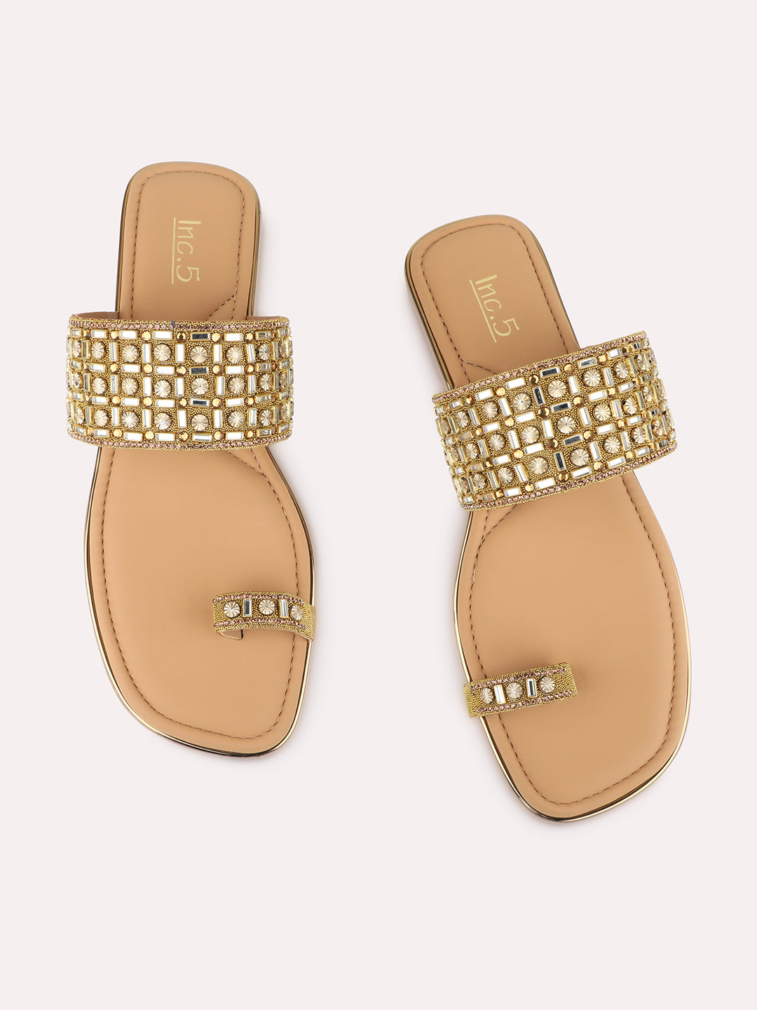 Womens Golden Ethnic Embellished One Toe Slip-On Flats