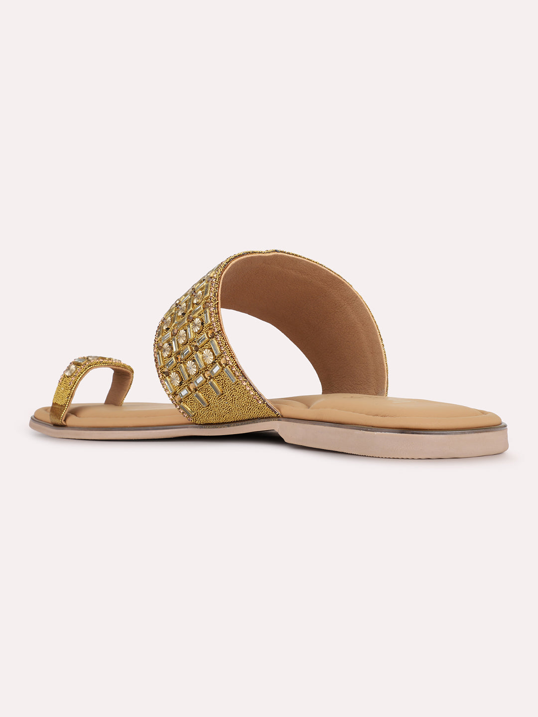 Womens Golden Ethnic Embellished One Toe Slip-On Flats
