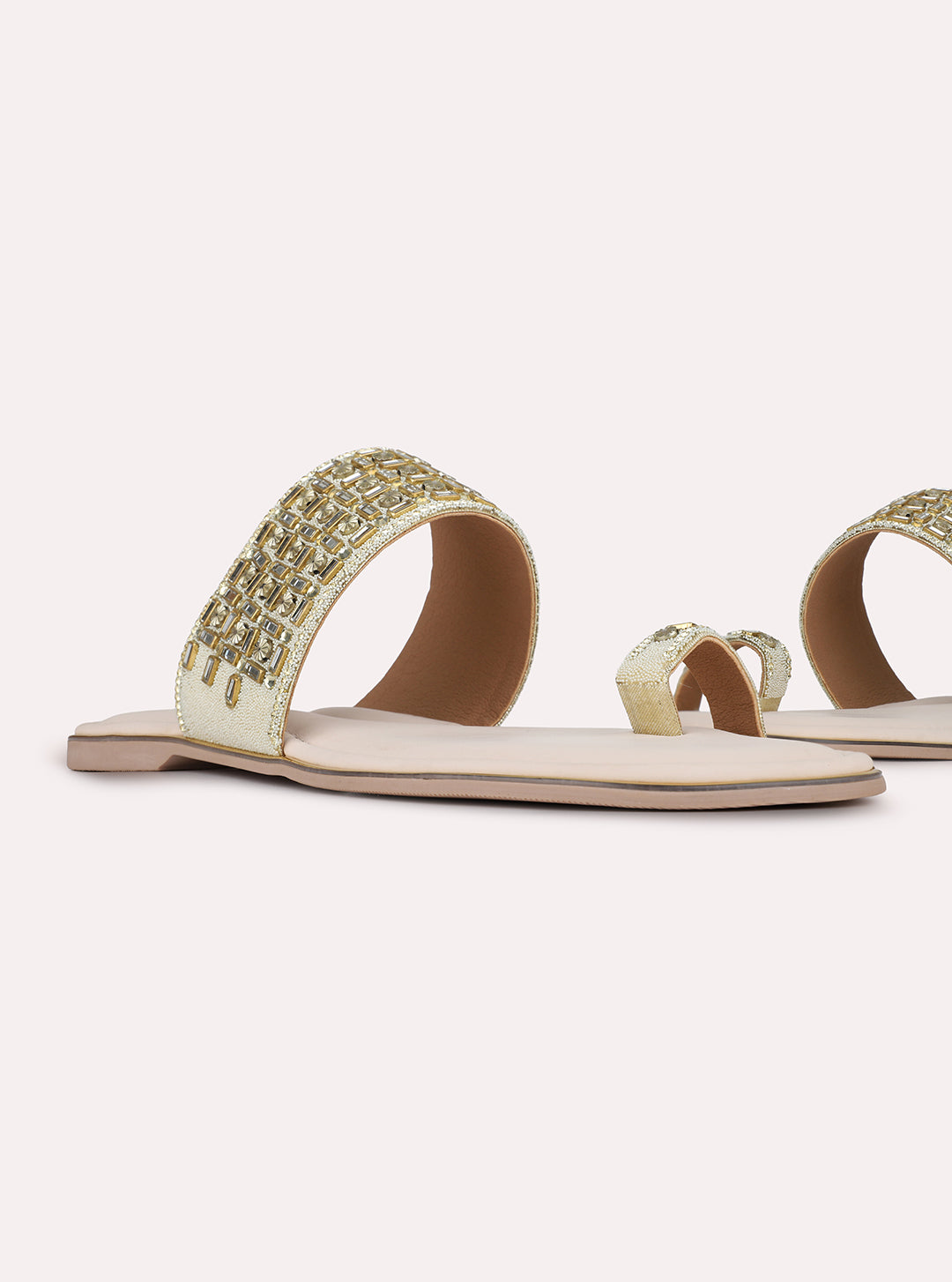 Womens Golden Ethnic Embellished One Toe Flat Slip-Ons