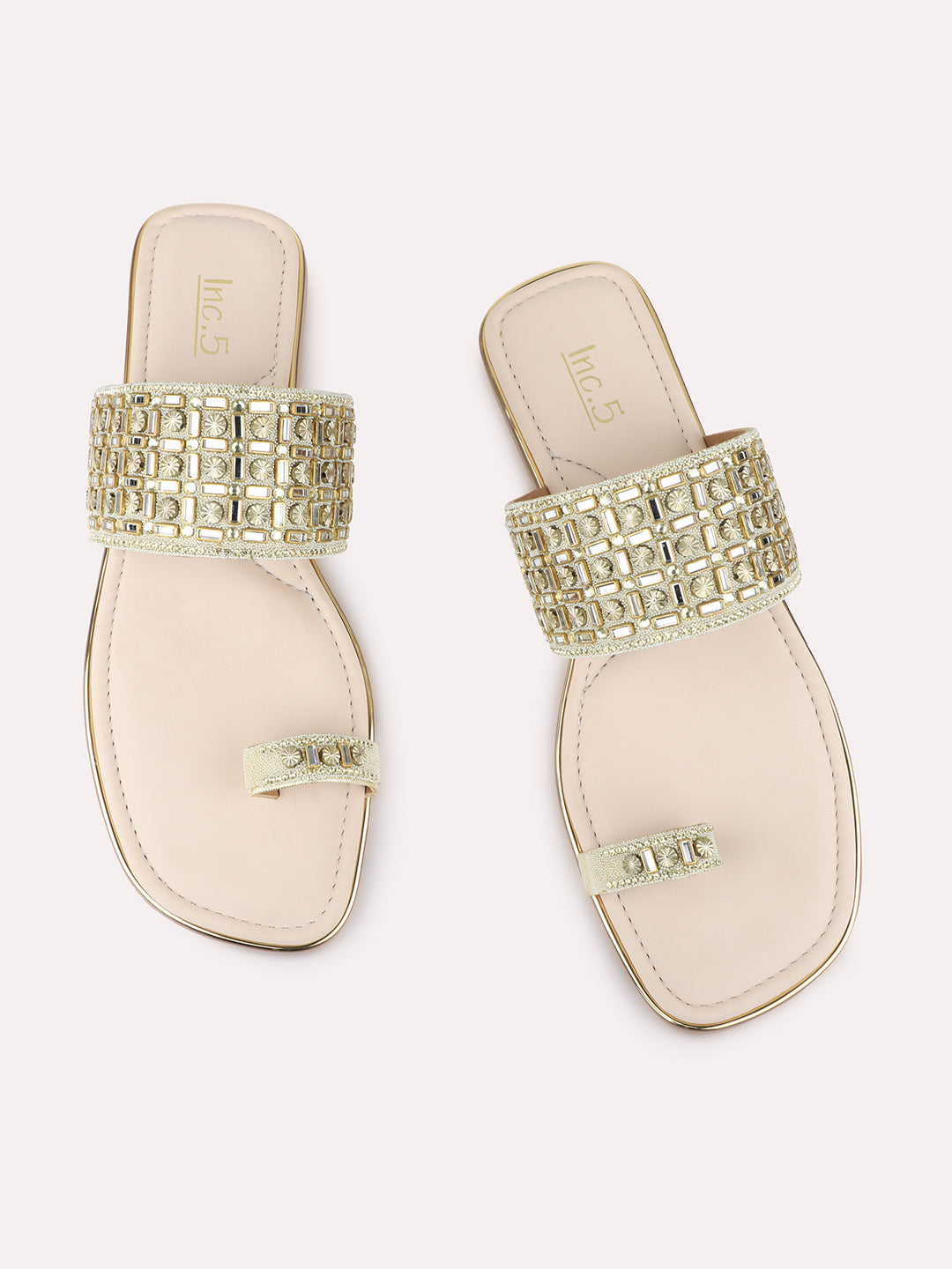 Womens Golden Ethnic Embellished One Toe Flat Slip-Ons