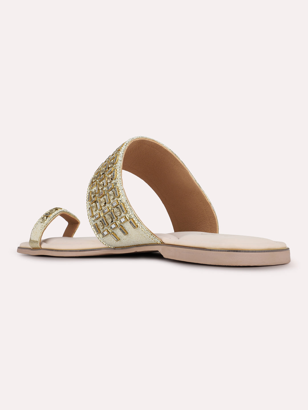 Womens Golden Ethnic Embellished One Toe Flat Slip-Ons