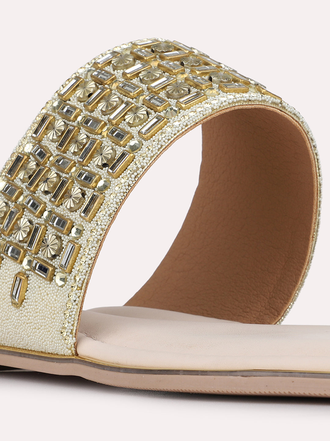 Womens Golden Ethnic Embellished One Toe Flat Slip-Ons